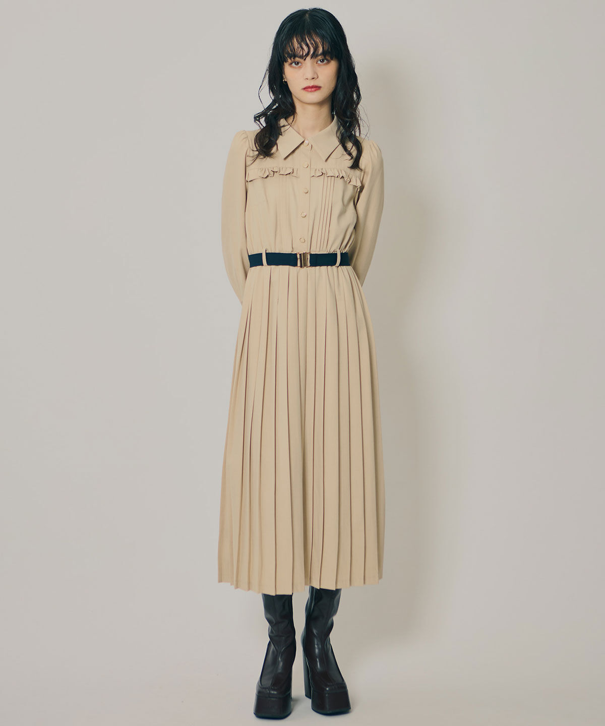 REDYAZEL「プリーツボウタイシャツロングワンピース」|ワンピース|