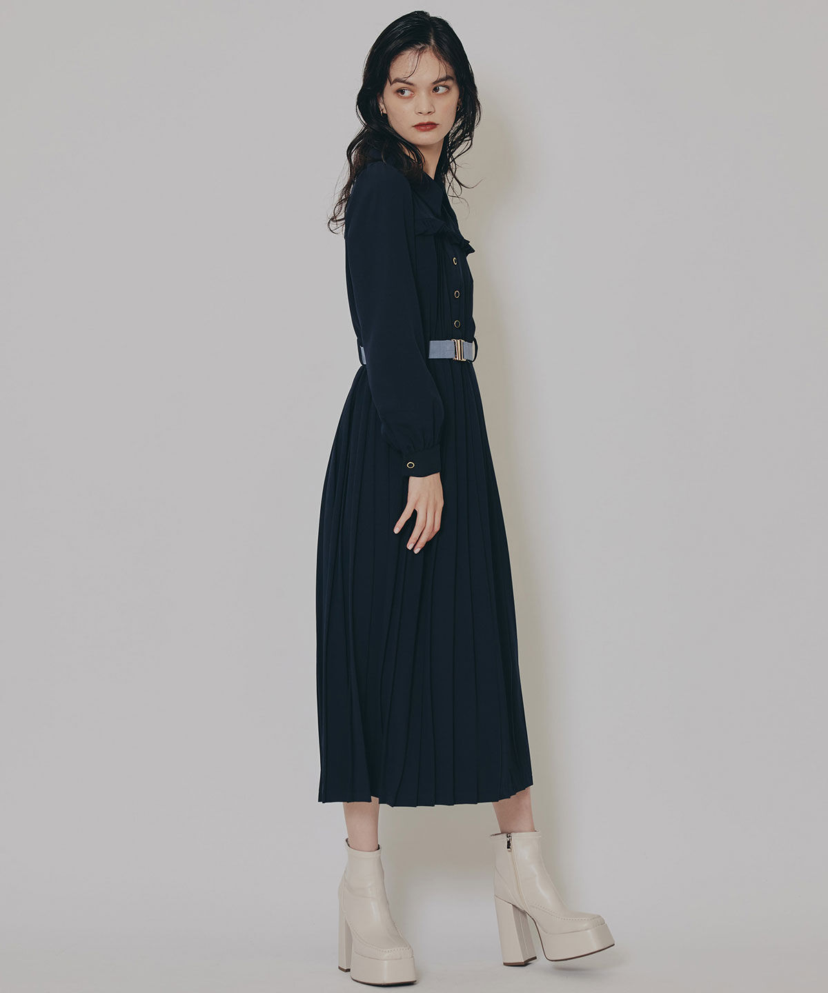 REDYAZEL「プリーツボウタイシャツロングワンピース」|ワンピース|