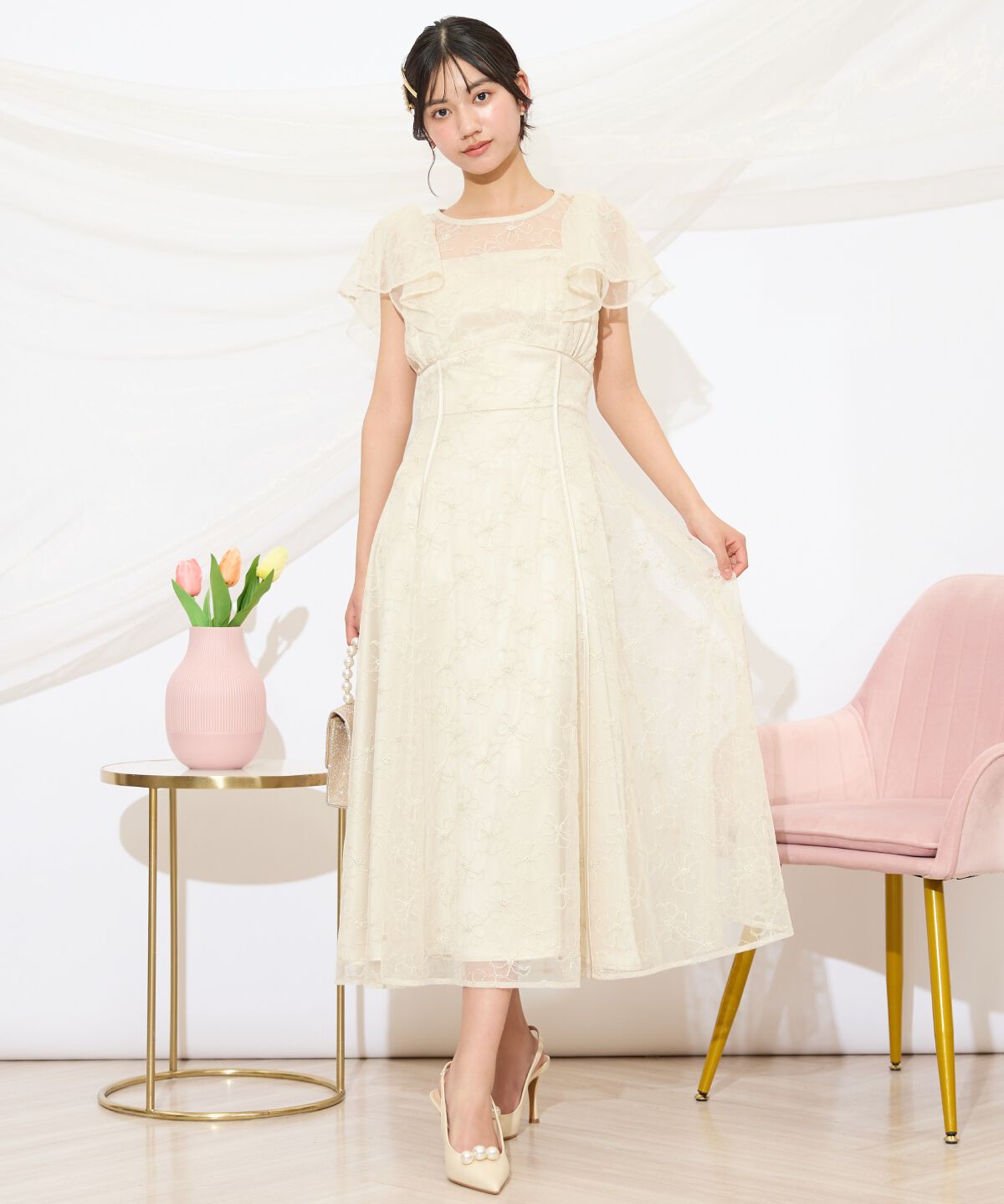 WILLSELECTION「ラッフルスリーブレースドレス」|ドレス|