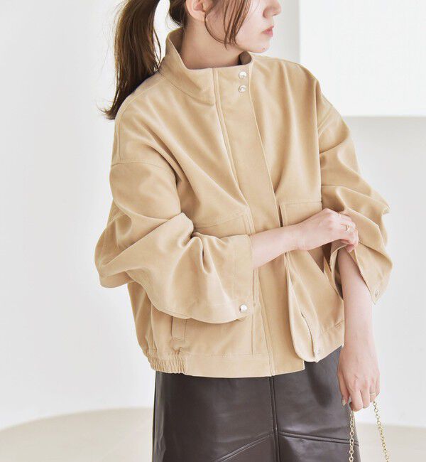 quaranciel「quaranciel〈洗濯機可能〉ポリエステル スエード スタンドカラー ジップ ショート ブルゾン」|ブルゾン・スタジャン|