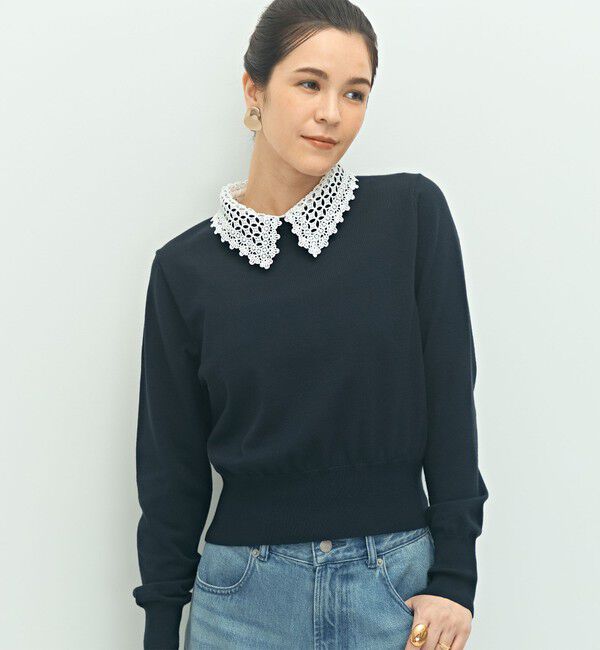 NOLLEY'S「《手洗い可能》襟レース2WAYプルオーバーニット」|ニット・セーター|ネイビー