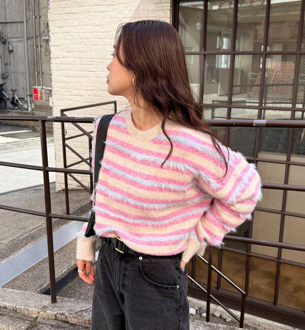 fredy emue「マルチボーダークロップドニットプルオーバー」|ニット・セーター|ベージュ系その他