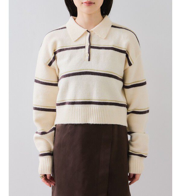 VIS「【WEB/一部店舗限定】ボーダー柄ポロニットプルオーバー」|ニット・セーター|