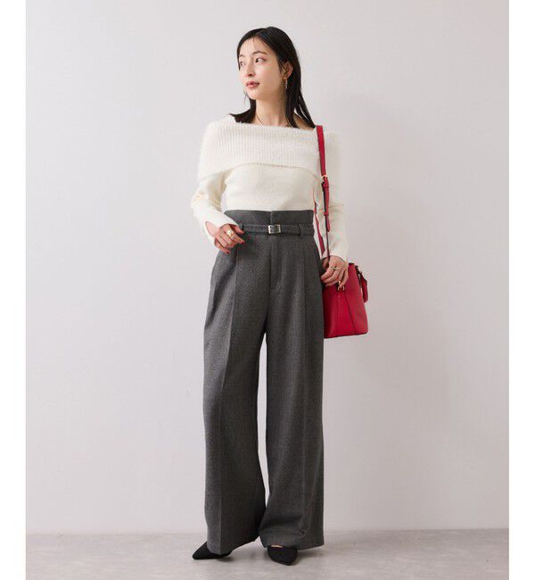 VIS「起毛ウールライク版ベルトディテールタックワイドパンツ」|チノ|