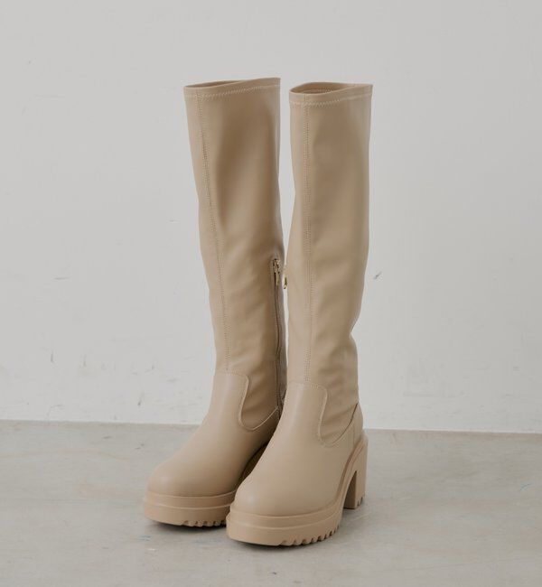  「【REVIVAL】厚底チャンキーストレッチロングブーツ」|ロングブーツ|ベージュ