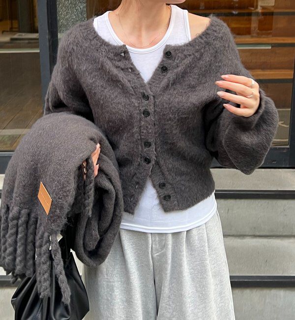  「【前後2WAY】モヘア起毛パフカーディガン」|カーディガン|