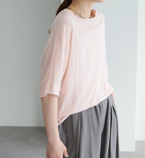  「ロゴ刺繍&times;フロッキープリント麻混Tシャツ」|Tシャツ・カットソー|