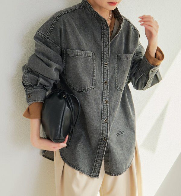  「デニムバンドカラーシャツ」|シャツ・ブラウス|グレー