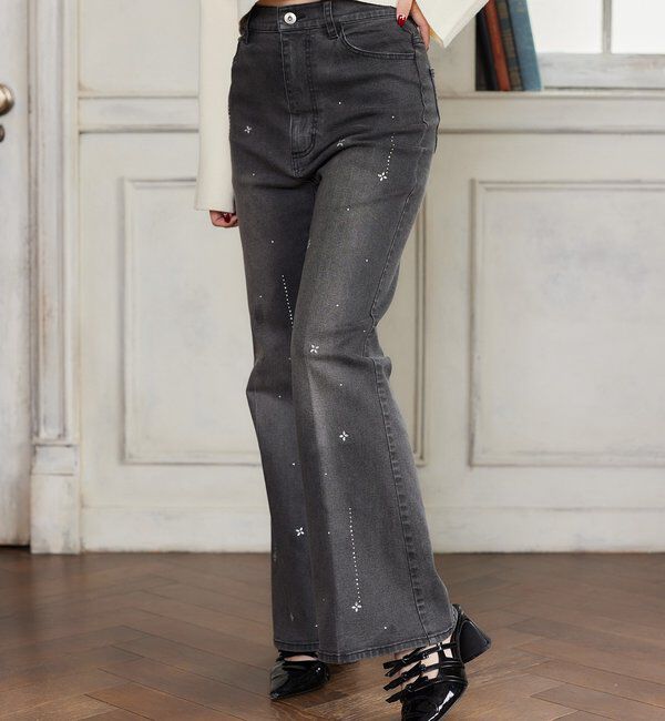  「美脚ラインストーンデニムパンツ」|その他|ブラック