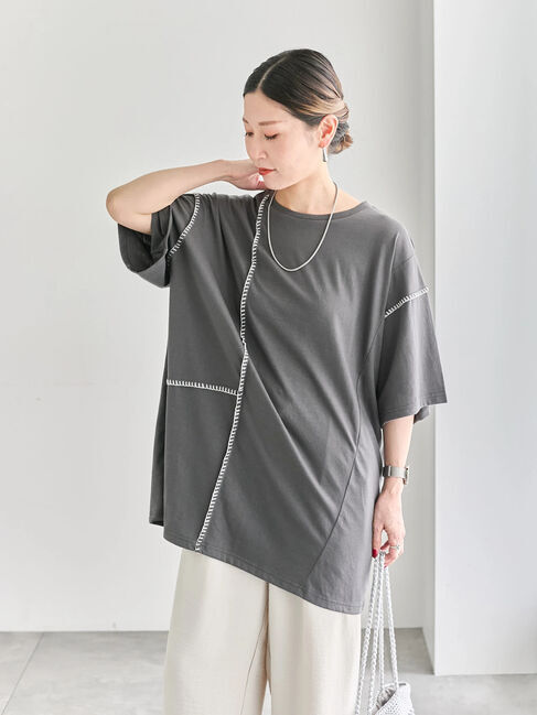 Samansa Mos2 blue「◎【接触冷感】切替ステッチチュニック」|Tシャツ・カットソー|