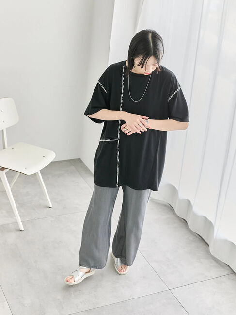 Samansa Mos2 blue「◎【接触冷感】切替ステッチチュニック」|Tシャツ・カットソー|ブラック