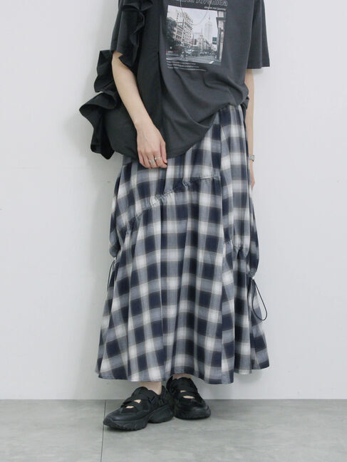 Samansa Mos2 blue「オンブレチェックドロストギャザースカート」|スカート|ネイビー