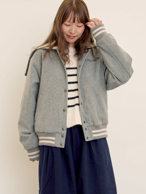 Samansa Mos2「ウール混セーラーカラー2WAY刺繍スタジャン」|ブルゾン・スタジャン|グレー