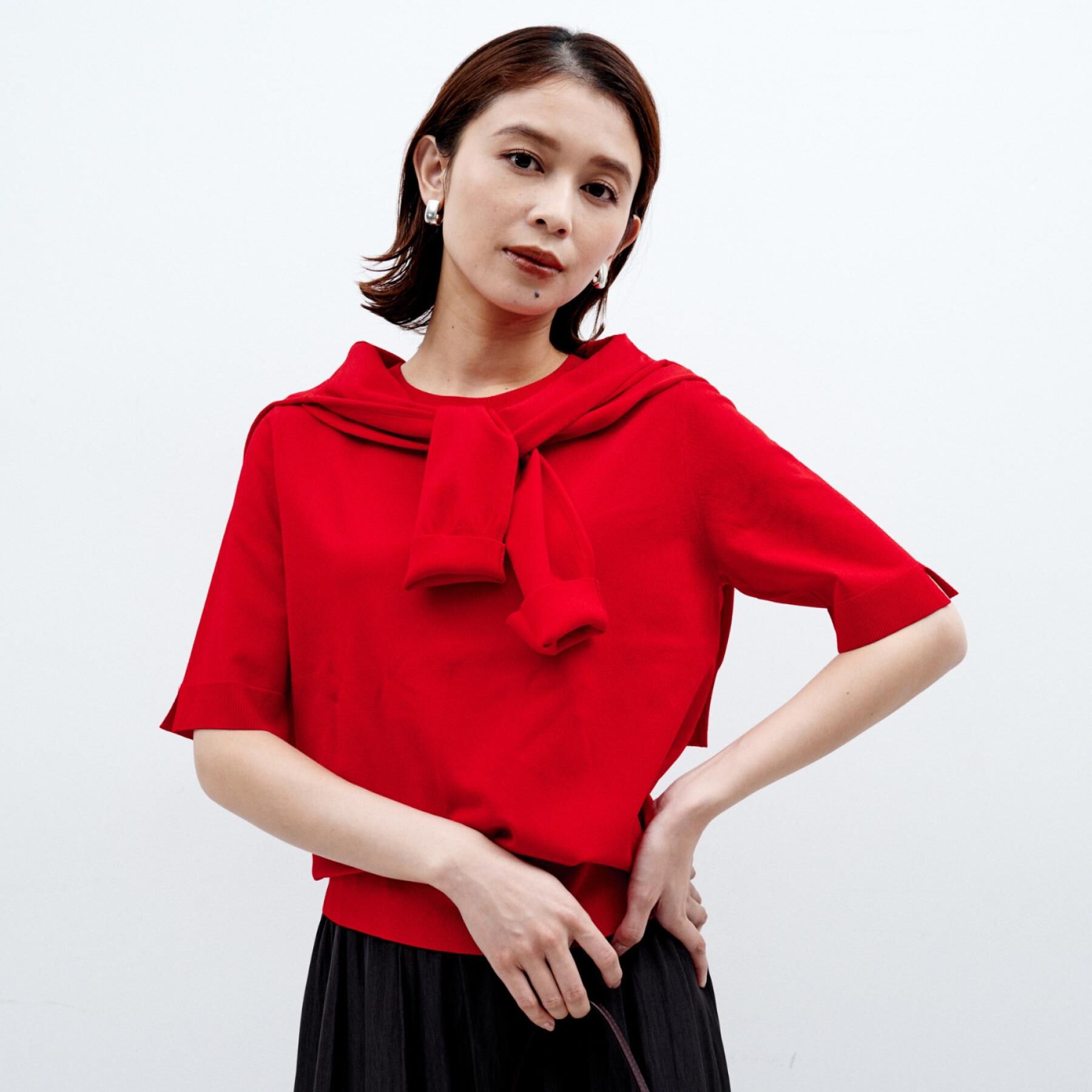 UNTITLED「【アンサンブル可/薄手/洗える】5分袖クルーニット」|ニット・セーター|レッド(062)