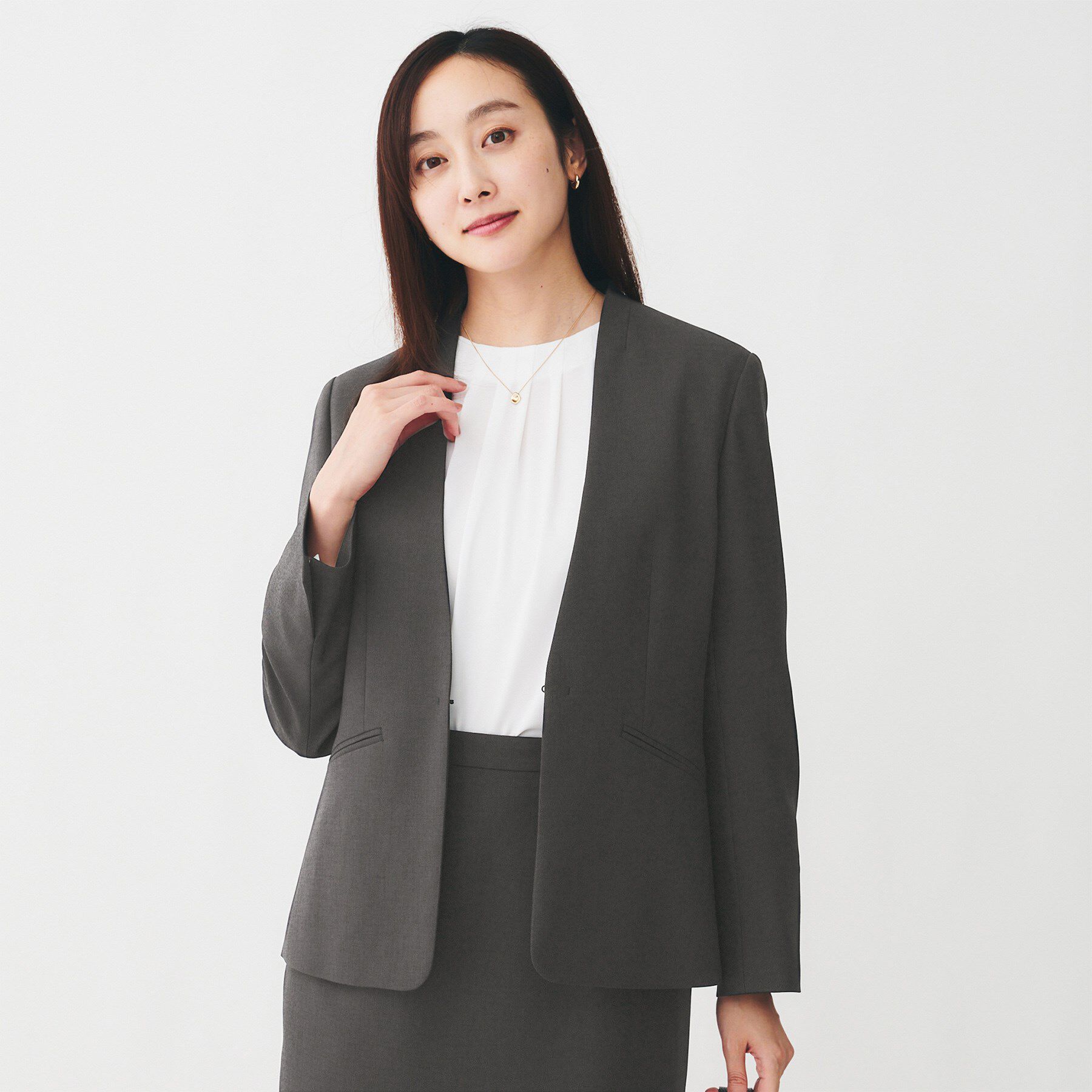 UNTITLED「【洗える/お仕事スーツ】ドライメランジ カラーレスジャケット」|ノーカラージャケット|