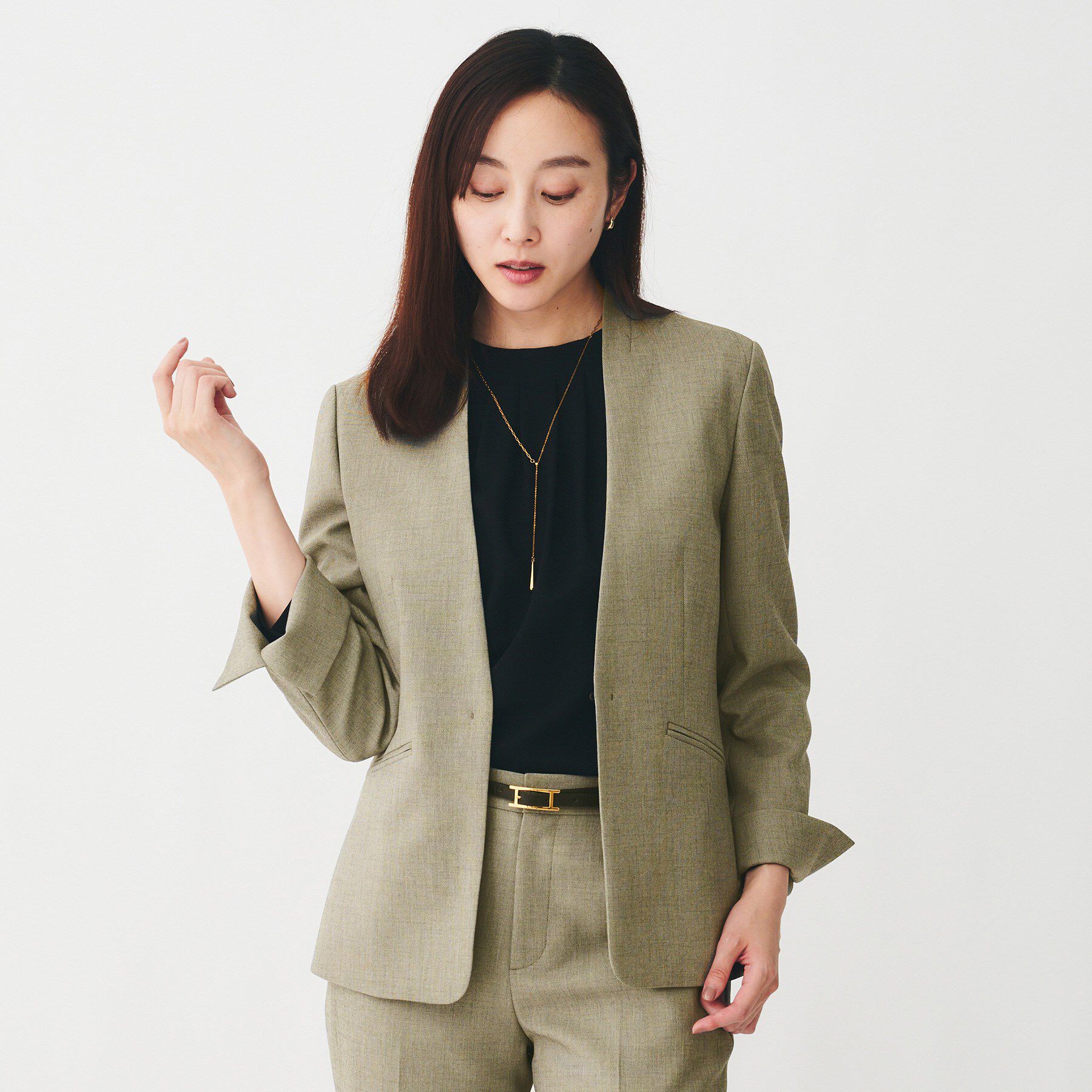 UNTITLED「【洗える/お仕事スーツ】ドライメランジ カラーレスジャケット」|ノーカラージャケット|ベージュ(652)