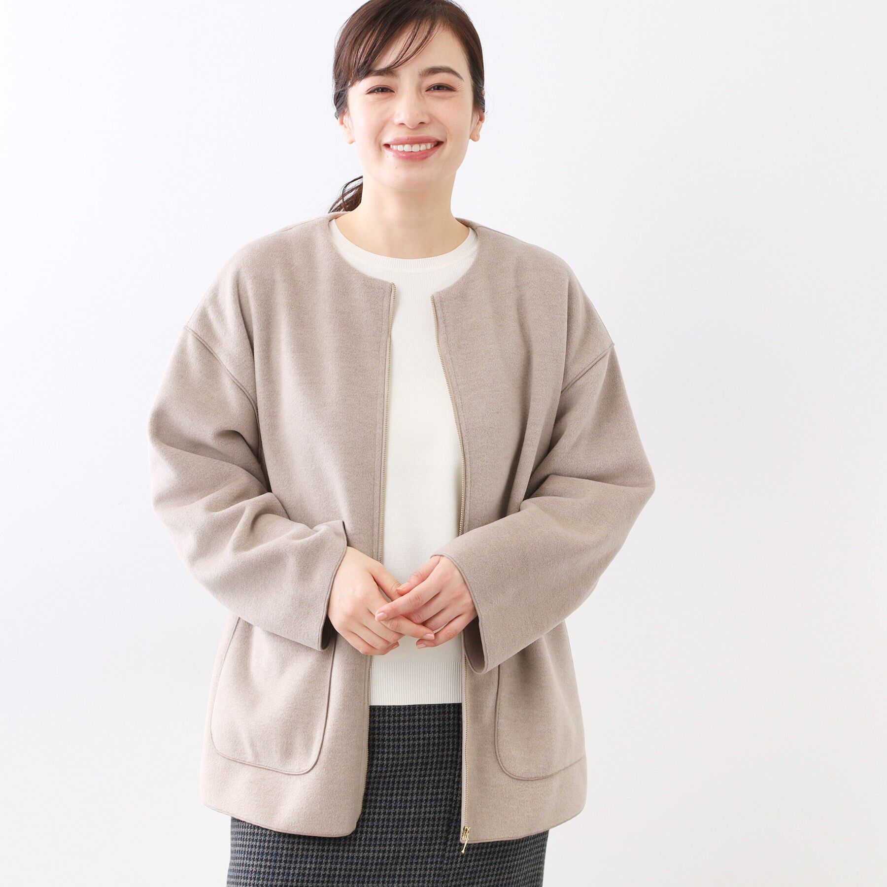 Reflect「【体型カバー／ゆったり着られる◎】リラクシーパイルコート」|ノーカラーコート|グレージュ(050)