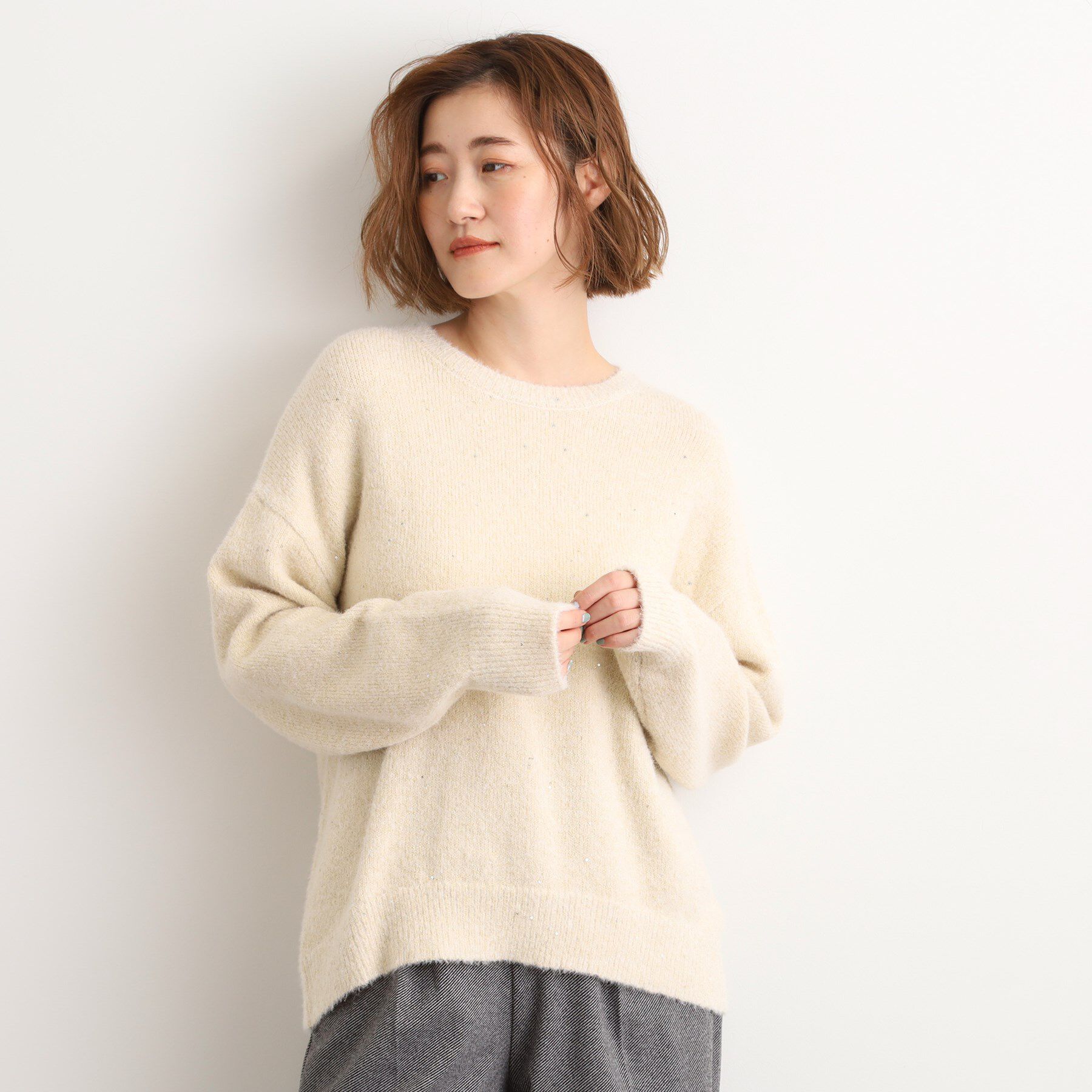 grove「華やぎ冬ニット　ミニスパンコールフェザーニット」|ニット・セーター|オフホワイト(003