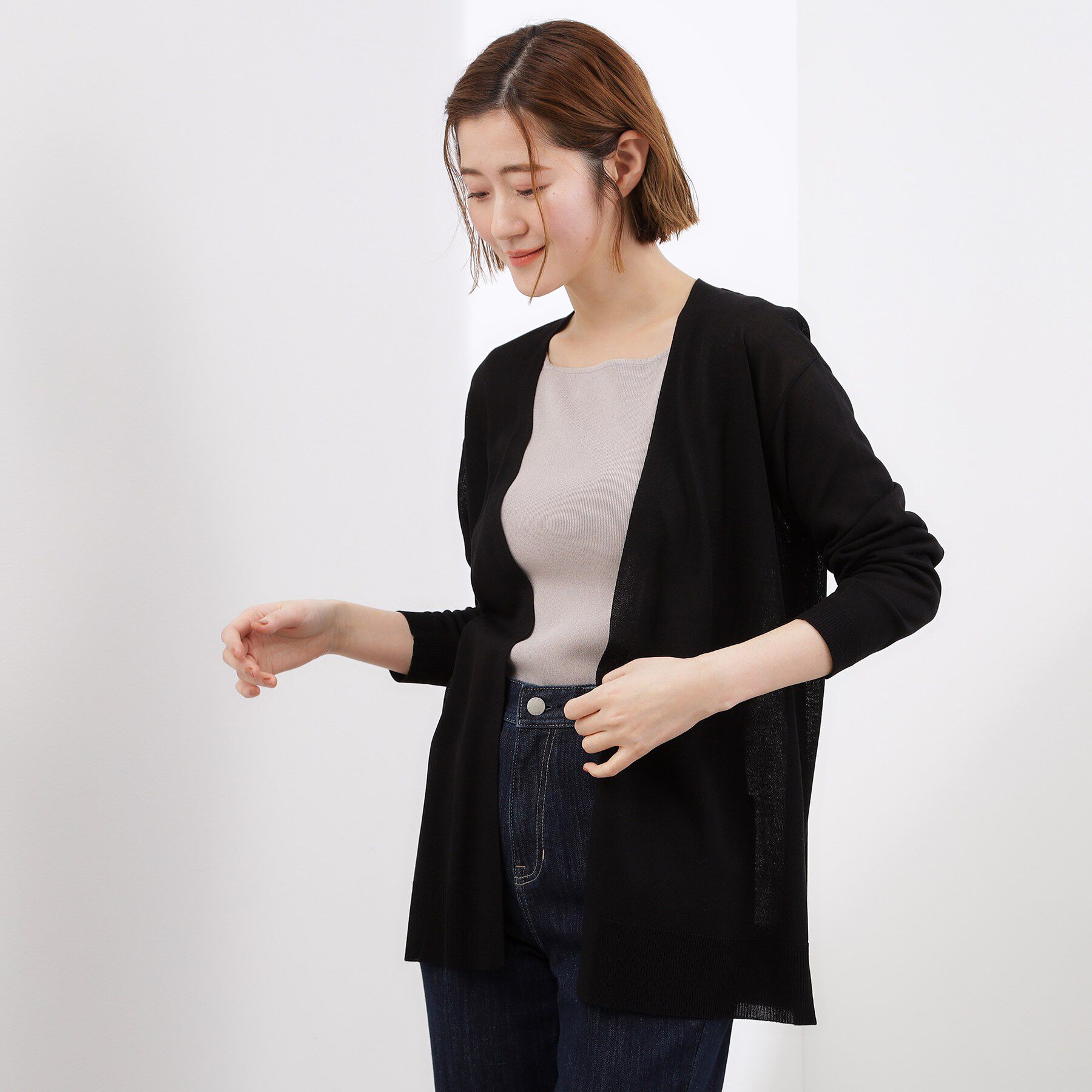 grove「【接触冷感／UVカットetc】ベーシックロングカーディガン」|カーディガン|ブラック(019)