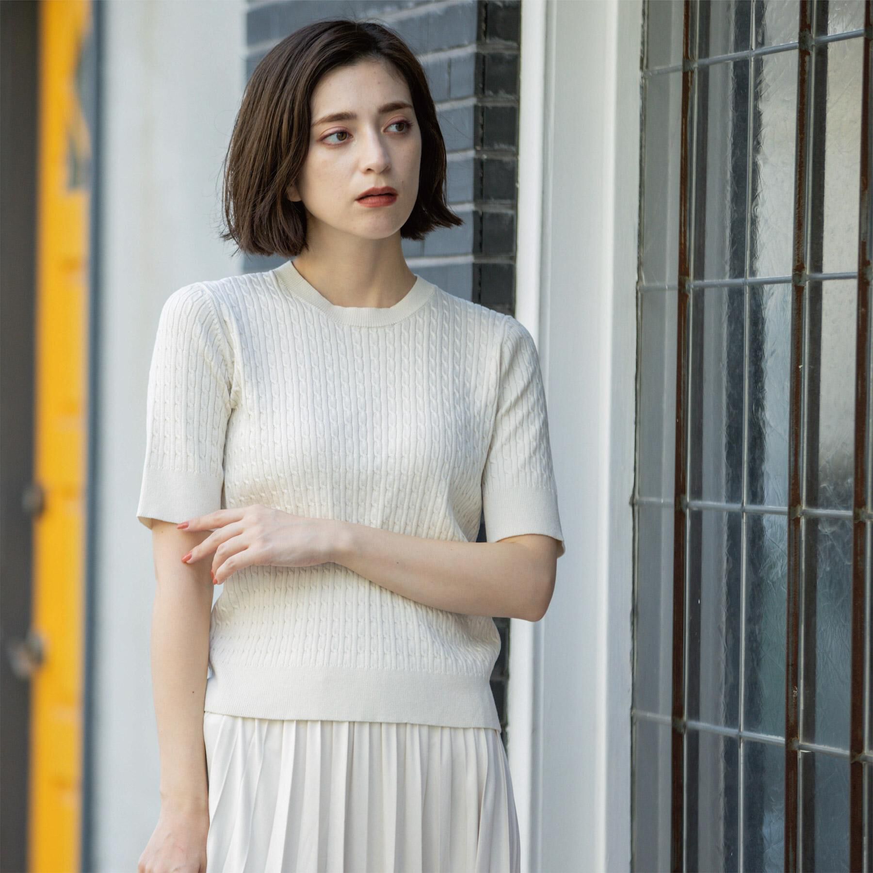 OPAQUE.CLIP「ケーブルハーフスリーブニット【UVケア/洗濯機OK】《6col/S～LL》」|ニット・セーター|