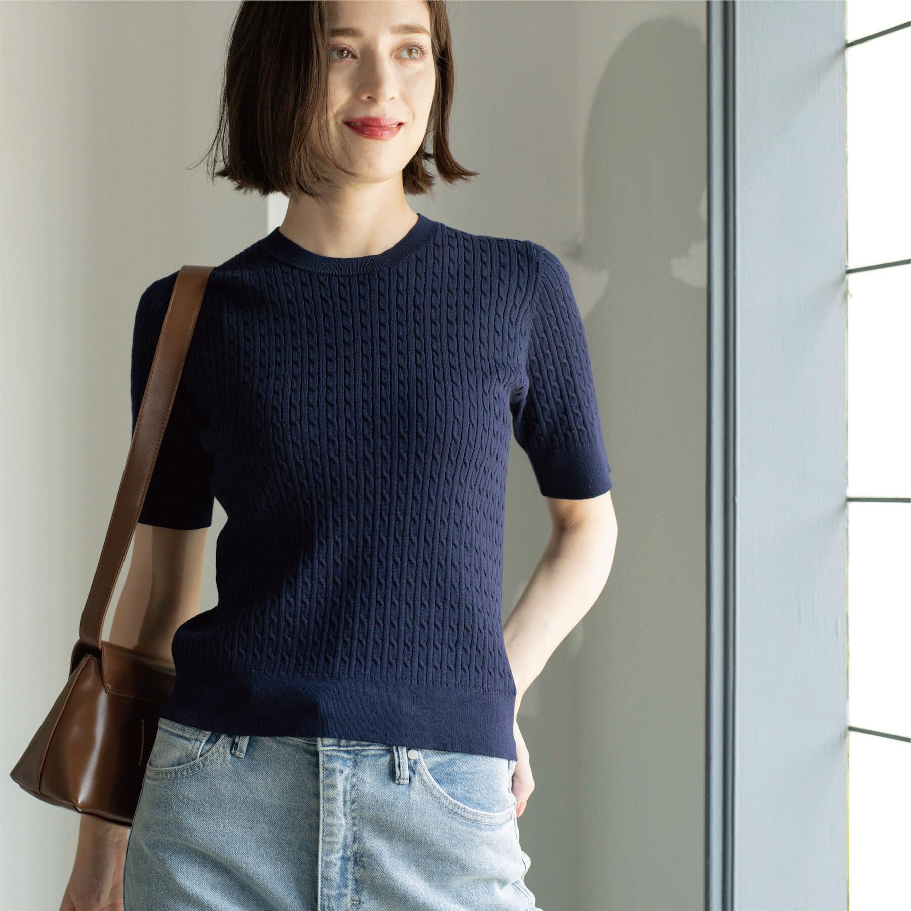 OPAQUE.CLIP「ケーブルハーフスリーブニット【UVケア/洗濯機OK】《6col/S～LL》」|ニット・セーター|