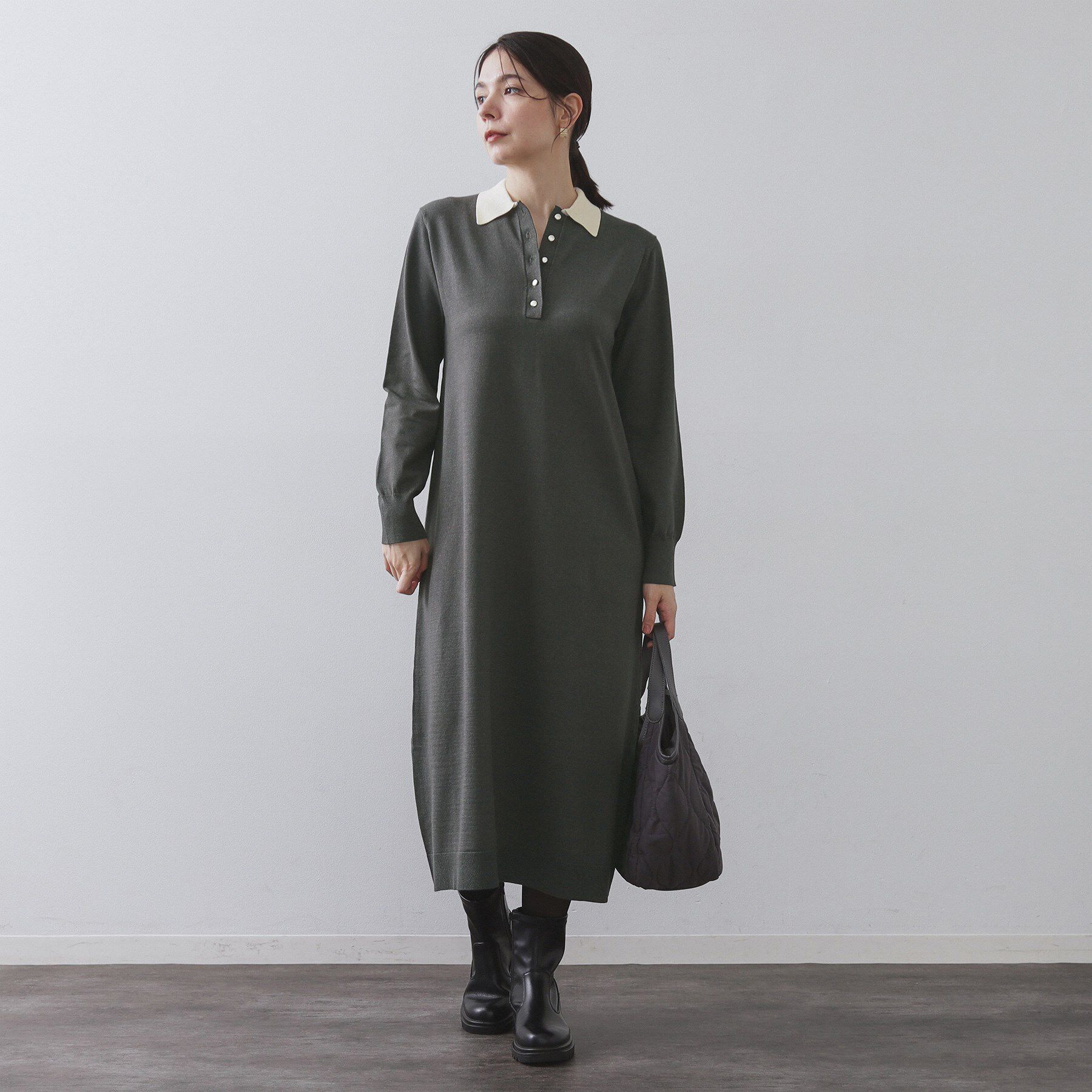 OPAQUE.CLIP「配色ポロ衿ニットワンピース【洗濯機OK】」|ワンピース|