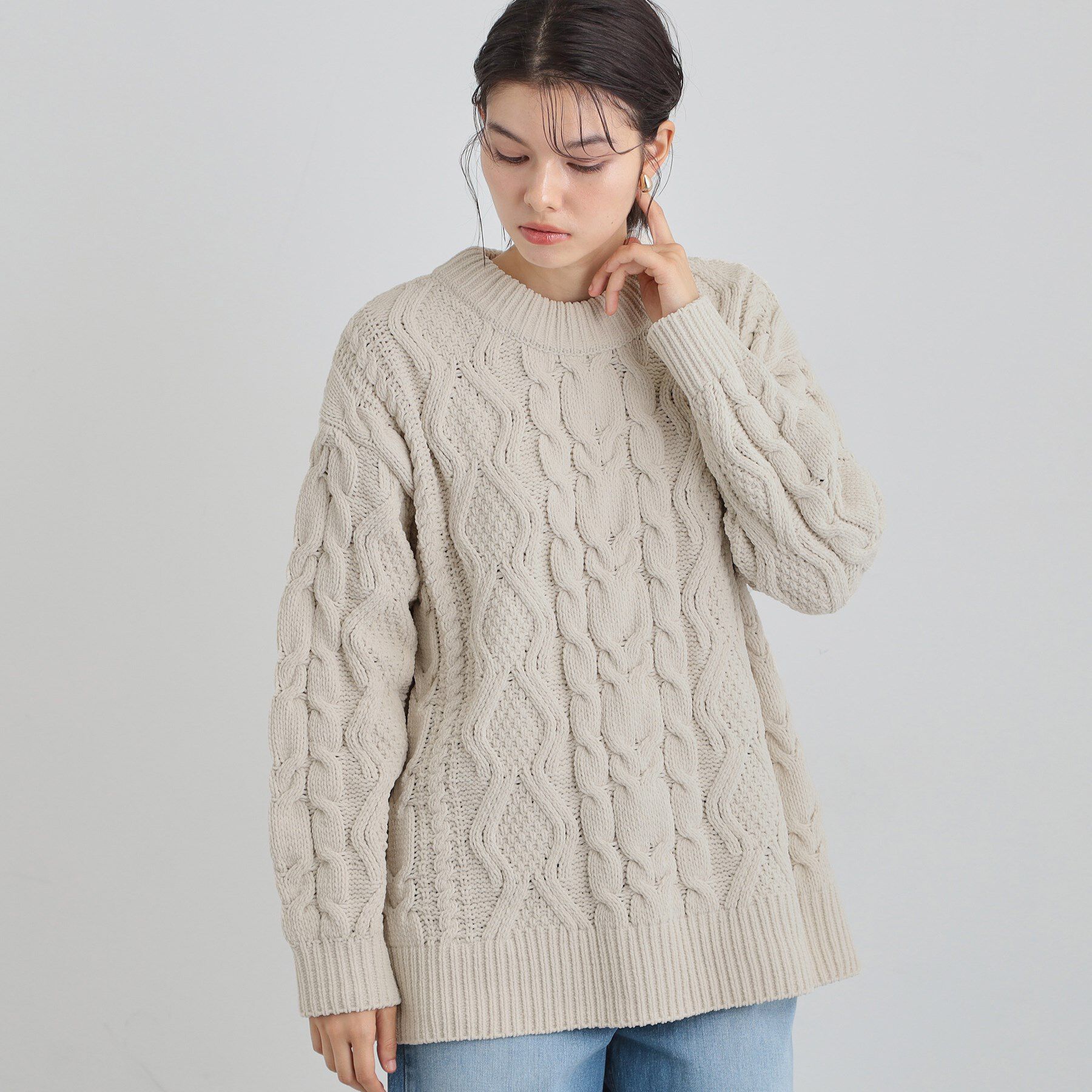 THE SHOP TK「【洗える】冬のコーデを盛り上げる マットモール ケーブルニット」|ニット・セーター|アイボリー(004)