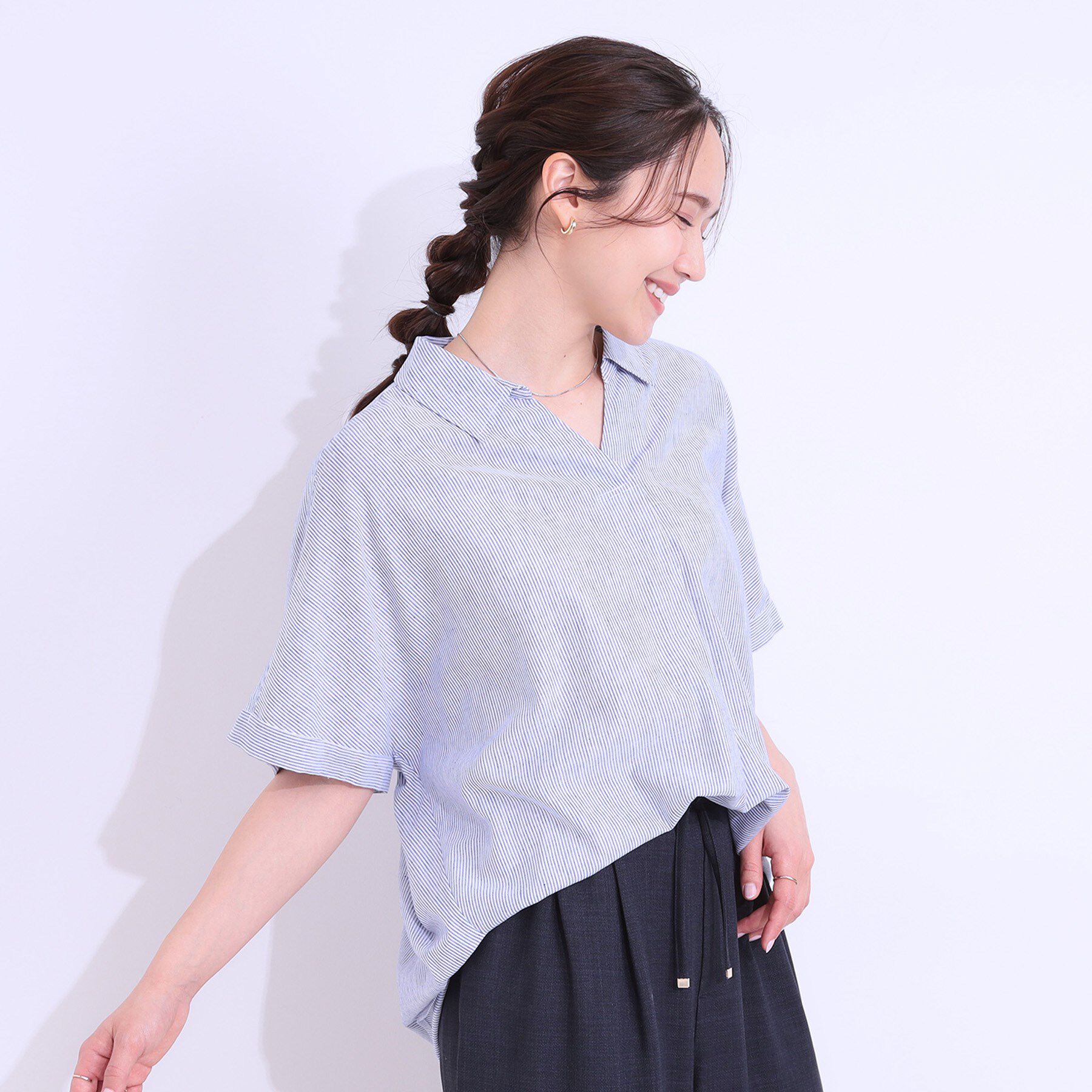 SHOO･LA･RUE「【S-LL/UV/接触冷感/抗菌防臭】体型を自然にカバー フレンチリネンブレンド襟付ドルマンシャツ」|シャツ・ブラウス|