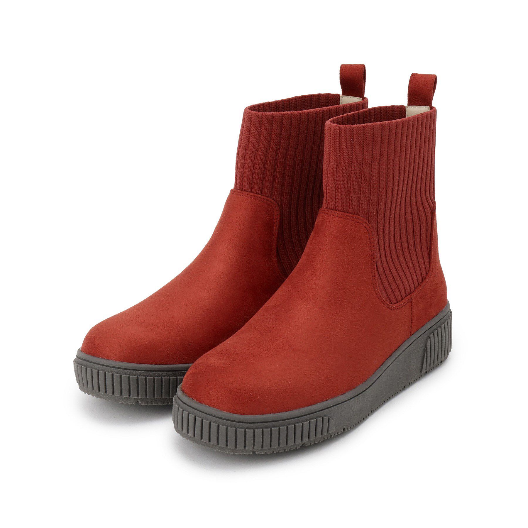 SHOO･LA･RUE「【撥水/低反発クッション】すっぽりラクラク はきぐちニットブーツ」|ショートブーツ|レッド(063)