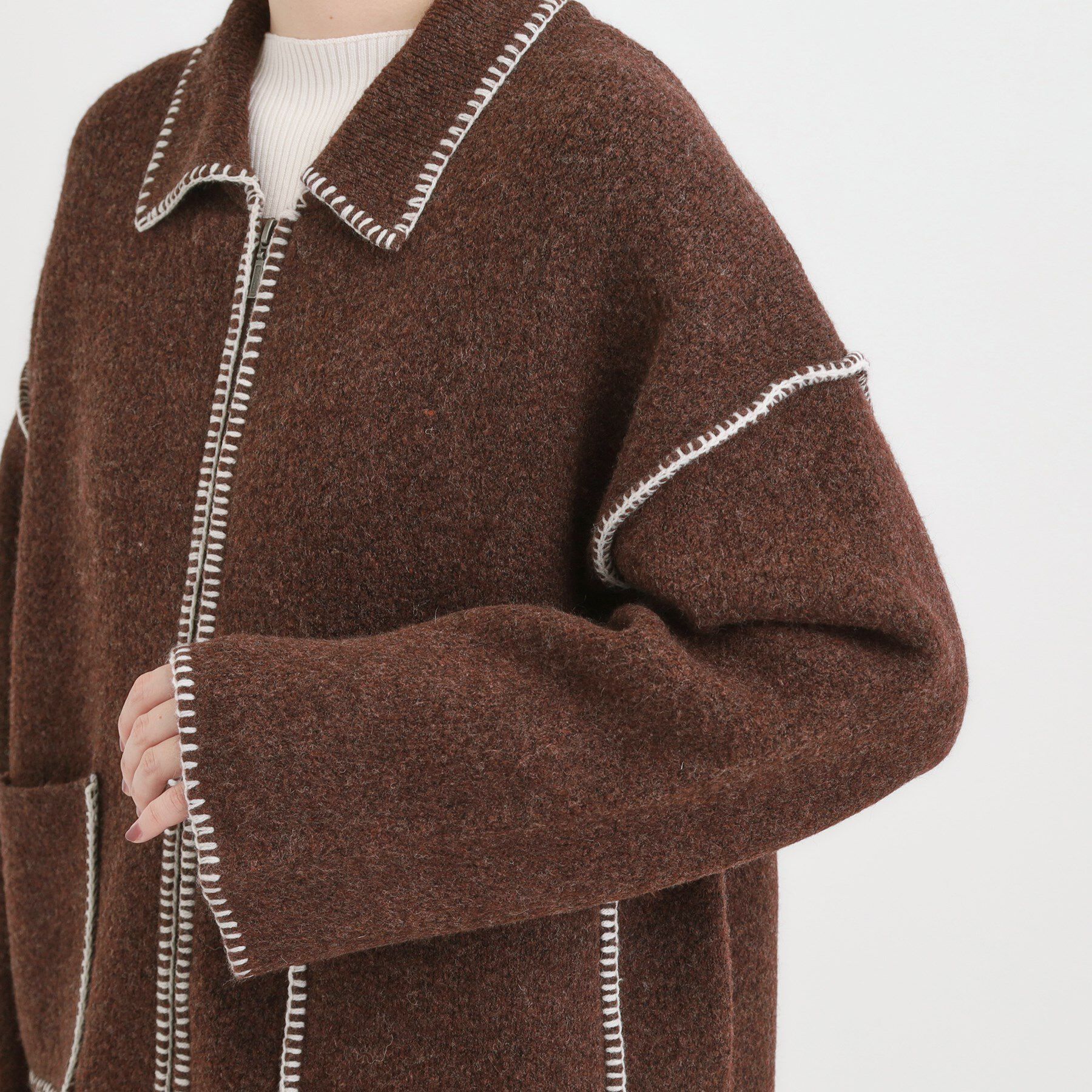 SHOO･LA･RUE「配色ステッチがポイント 襟付きジップニットカーディガン」|カーディガン|