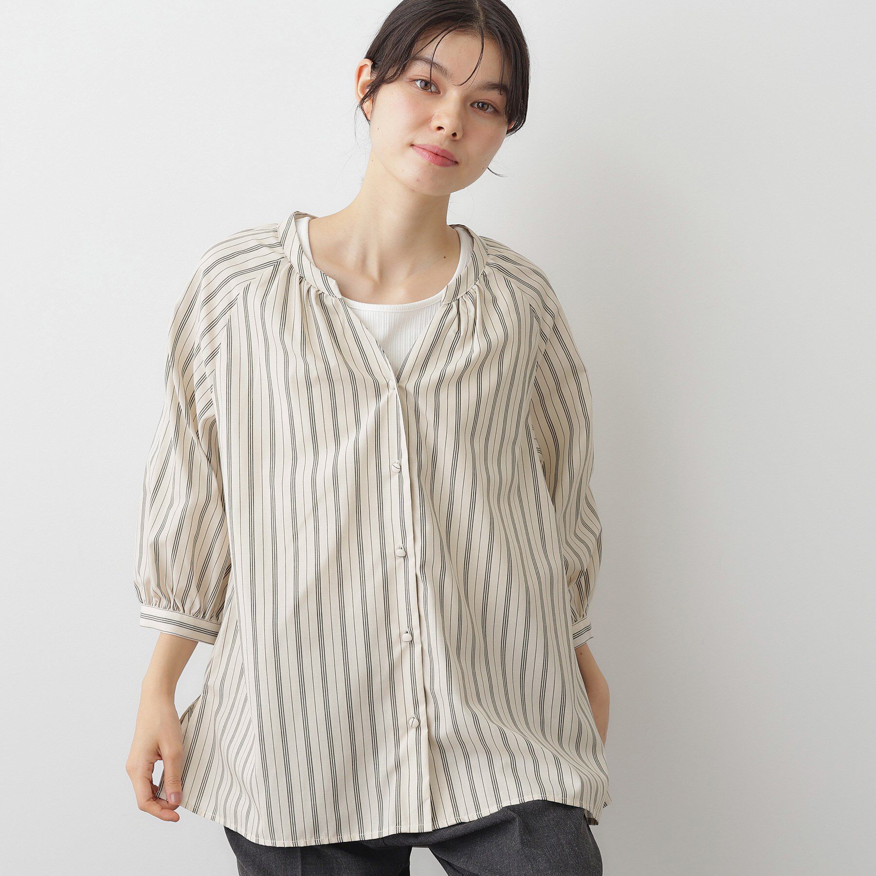 Dessin「【洗える】ストライプカフス袖ブラウス」|シャツ・ブラウス|