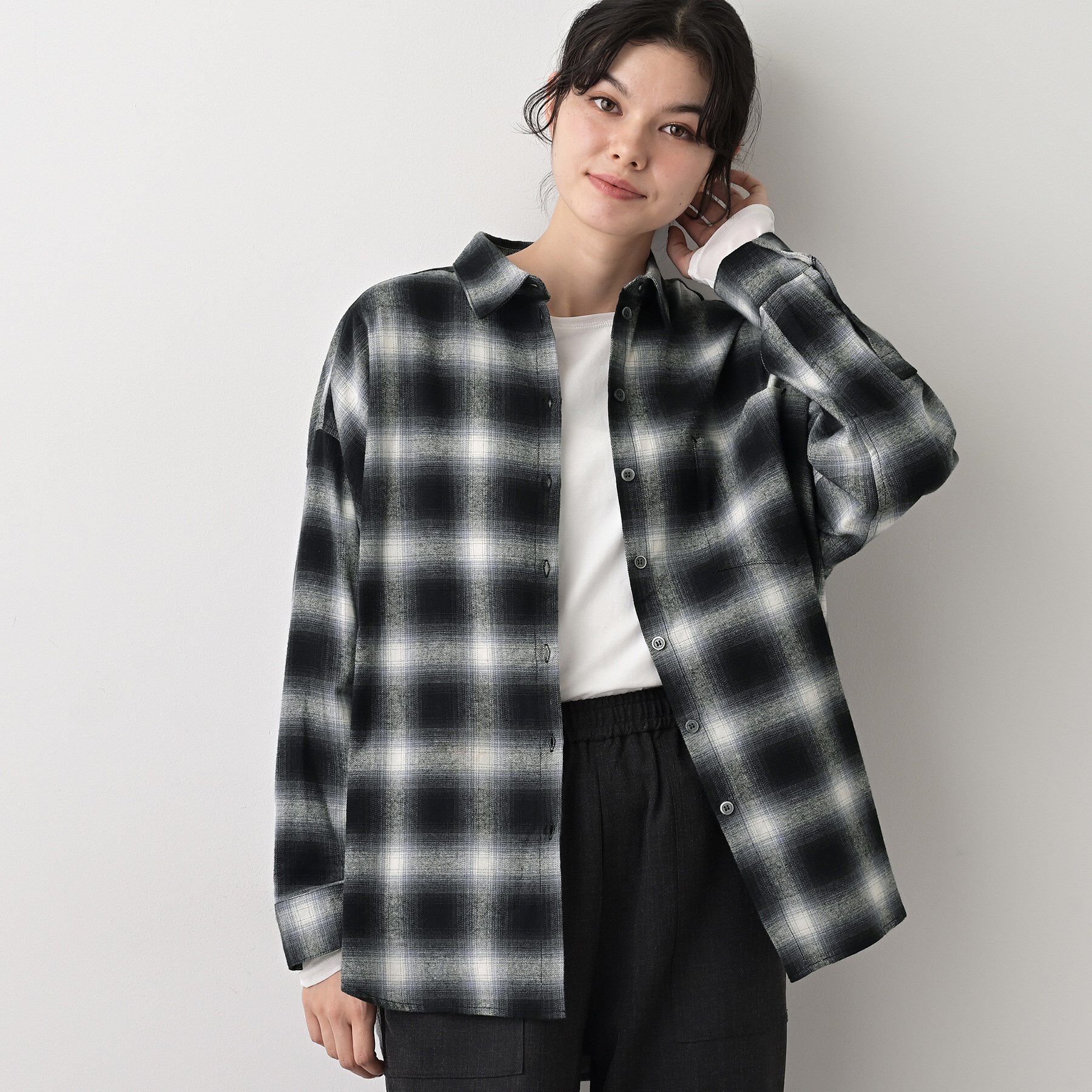 Dessin「【洗える】起毛オンブレーチェック柄シャツ」|シャツ・ブラウス|ブラック(219)