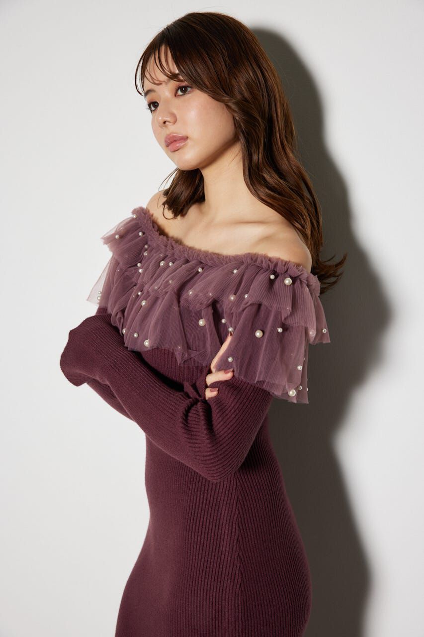 rienda「チュールコンビオフショルニットワンピース」|ワンピース|