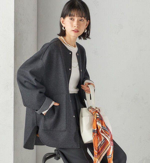 SHIPS for women「セミ 梳毛 配色 リバーシブル ノーカラー ショート コート」|ノーカラーコート|