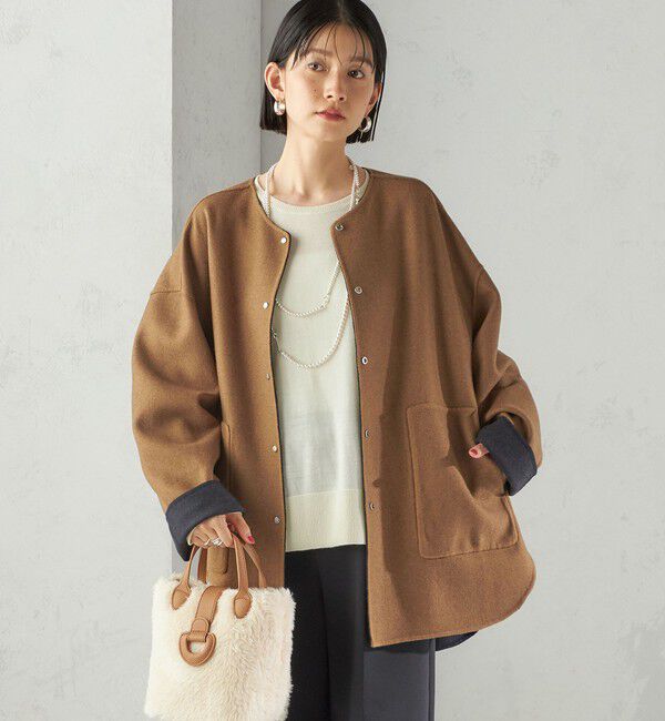 SHIPS for women「セミ 梳毛 配色 リバーシブル ノーカラー ショート コート」|ノーカラーコート|