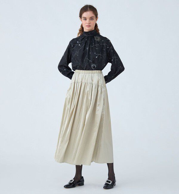 Ballsey「シャイニーコーティング ギャザーヨークロングスカート」|フレア|