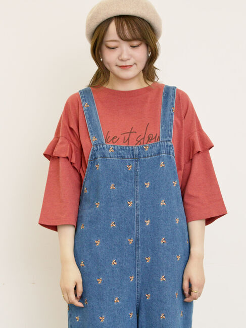 Samansa Mos2「[接触冷感]袖フリルロゴ刺繍Tシャツ」|Tシャツ・カットソー|オレンジ