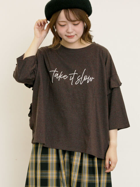Samansa Mos2「[接触冷感]袖フリルロゴ刺繍Tシャツ」|Tシャツ・カットソー|ダークブラウン