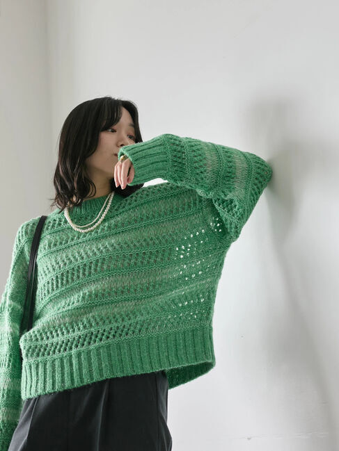 Samansa Mos2 blue「透かし柄ニットプルオーバー」|ニット・セーター|