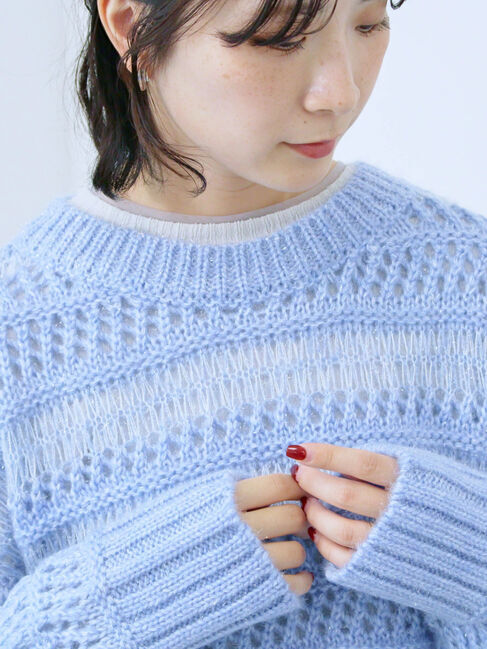 Samansa Mos2 blue「透かし柄ニットプルオーバー」|ニット・セーター|