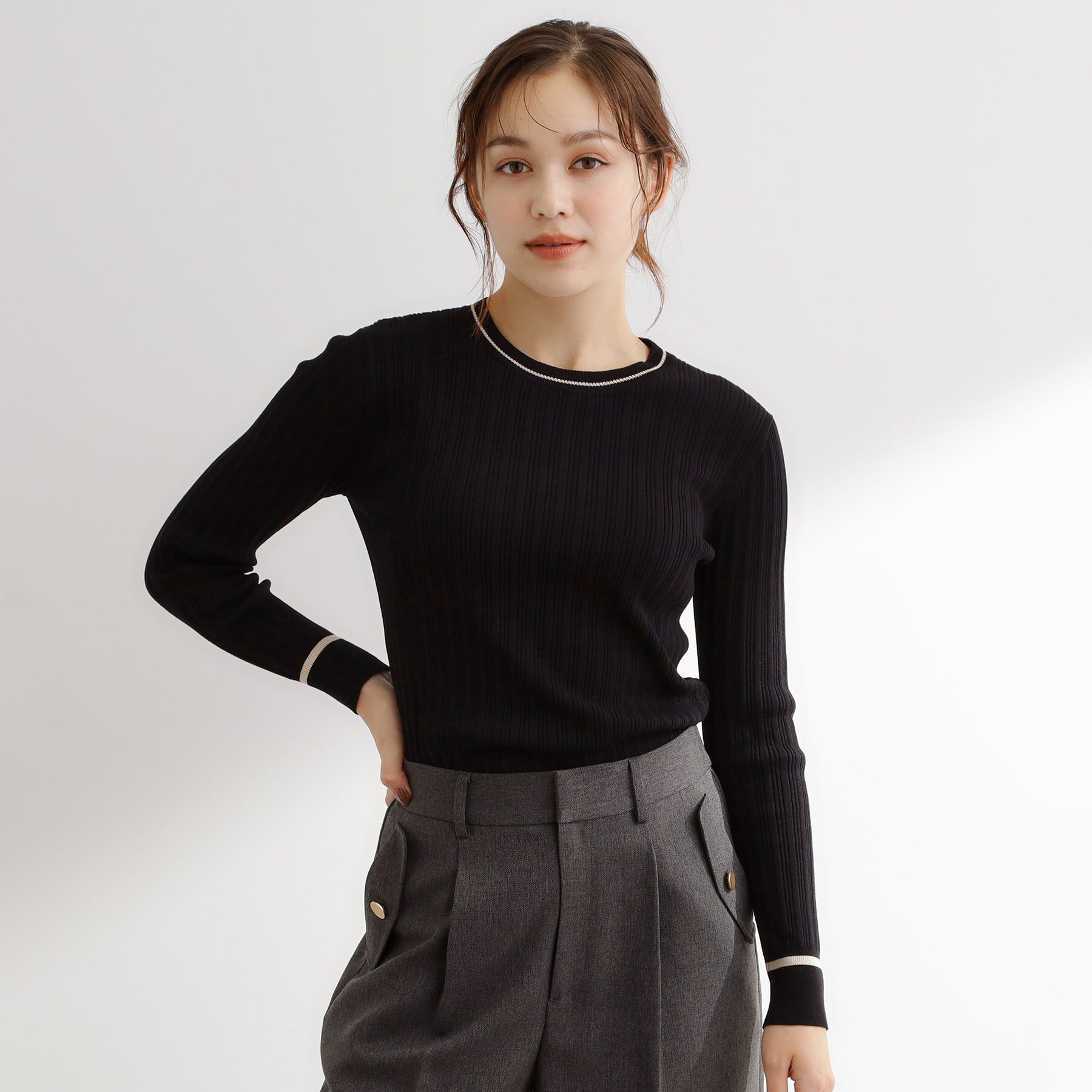 grove「【毛玉軽減】配色ラインランダムリブニット」|ニット・セーター|