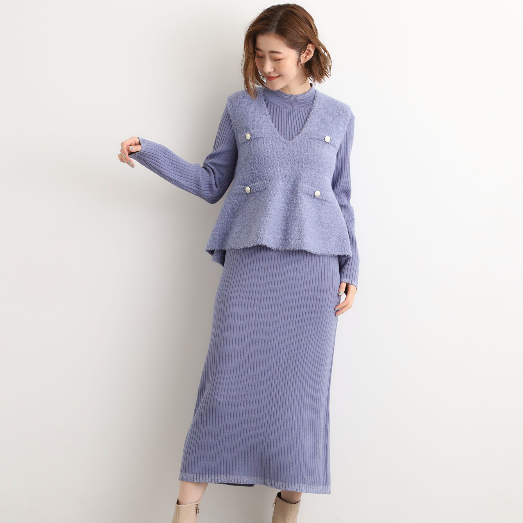 grove「【2点SET/体型カバー】一枚で決まる、ペプラムベスト&times;ニットワンピース」|ワンピース|ブルー(091)