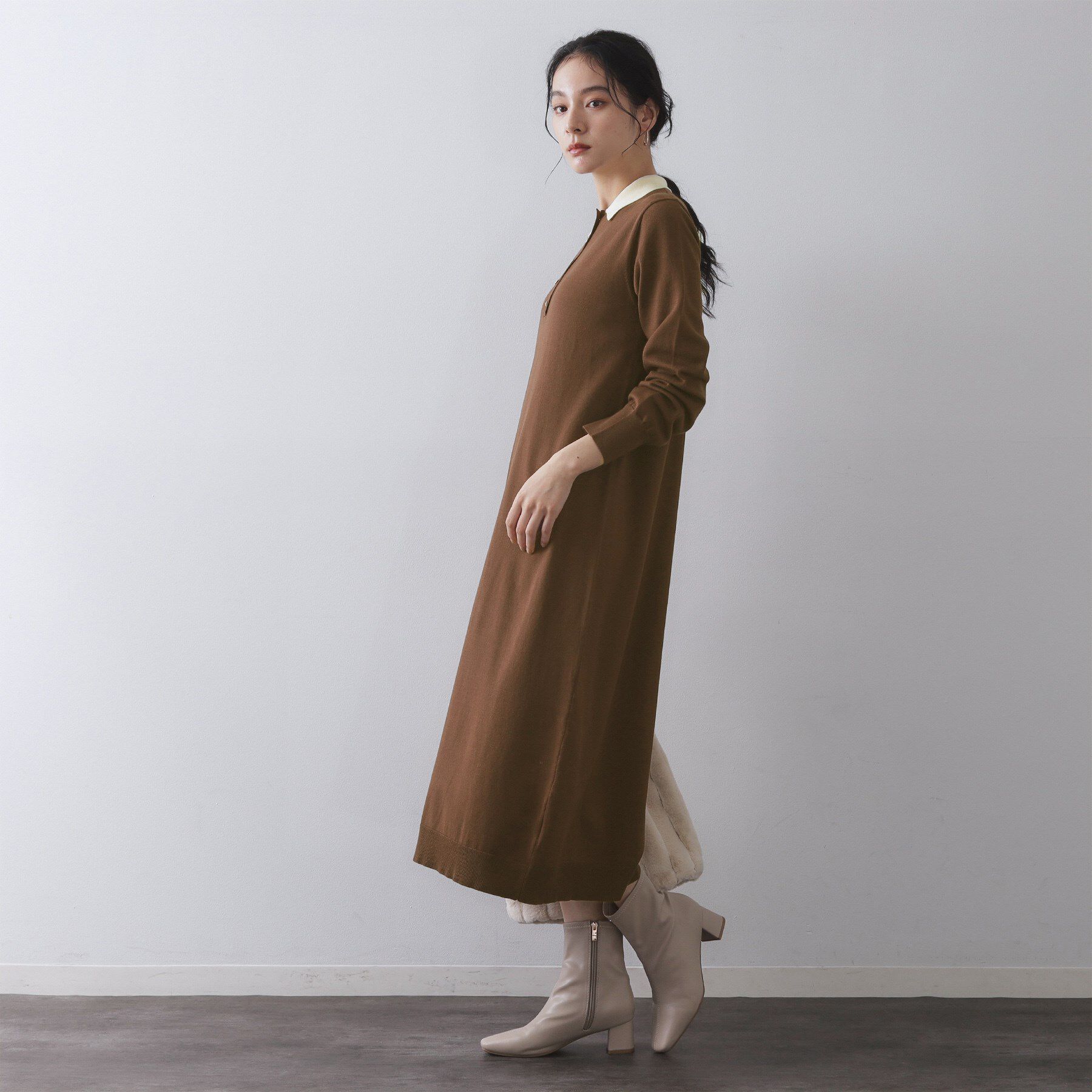 OPAQUE.CLIP「配色ポロ衿ニットワンピース【洗濯機OK】」|ワンピース|