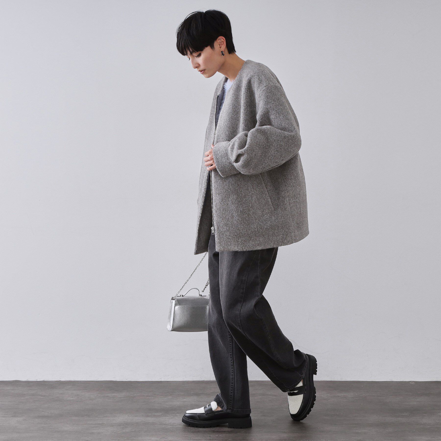 OPAQUE.CLIP「もこもこノーカラージップミドルコート【洗える】」|ノーカラーコート|