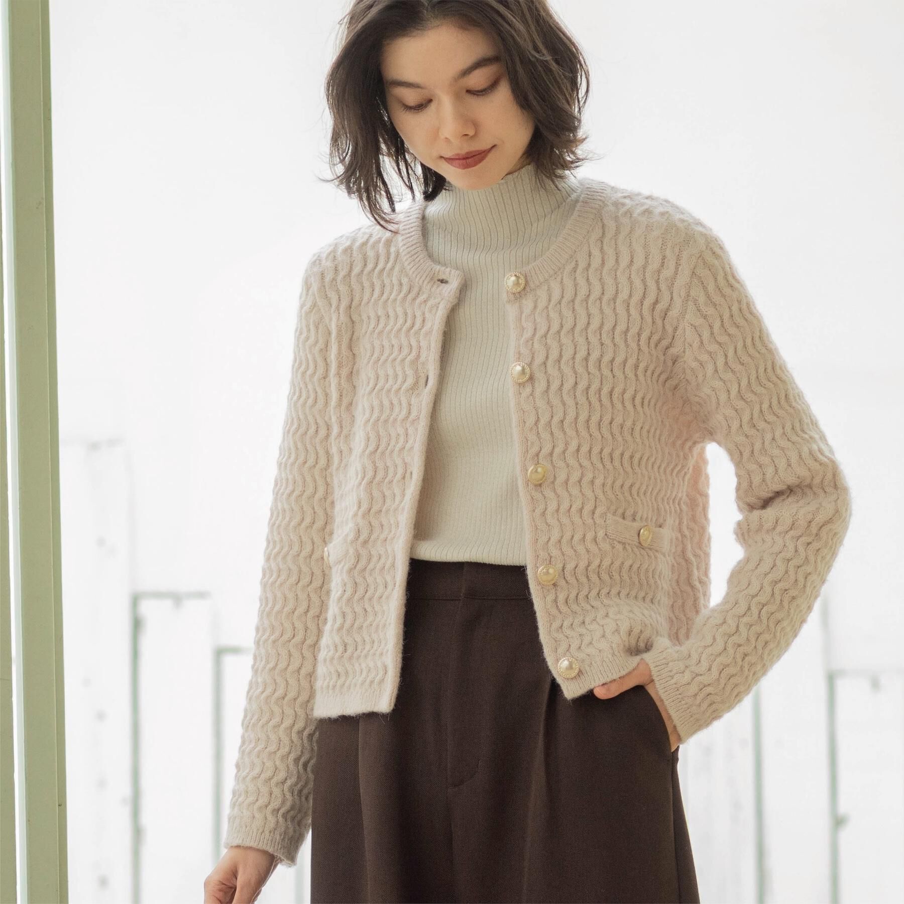 OPAQUE.CLIP「モヘヤタッチケーブル金ボタンカーディガン【洗濯機OK】」|カーディガン|