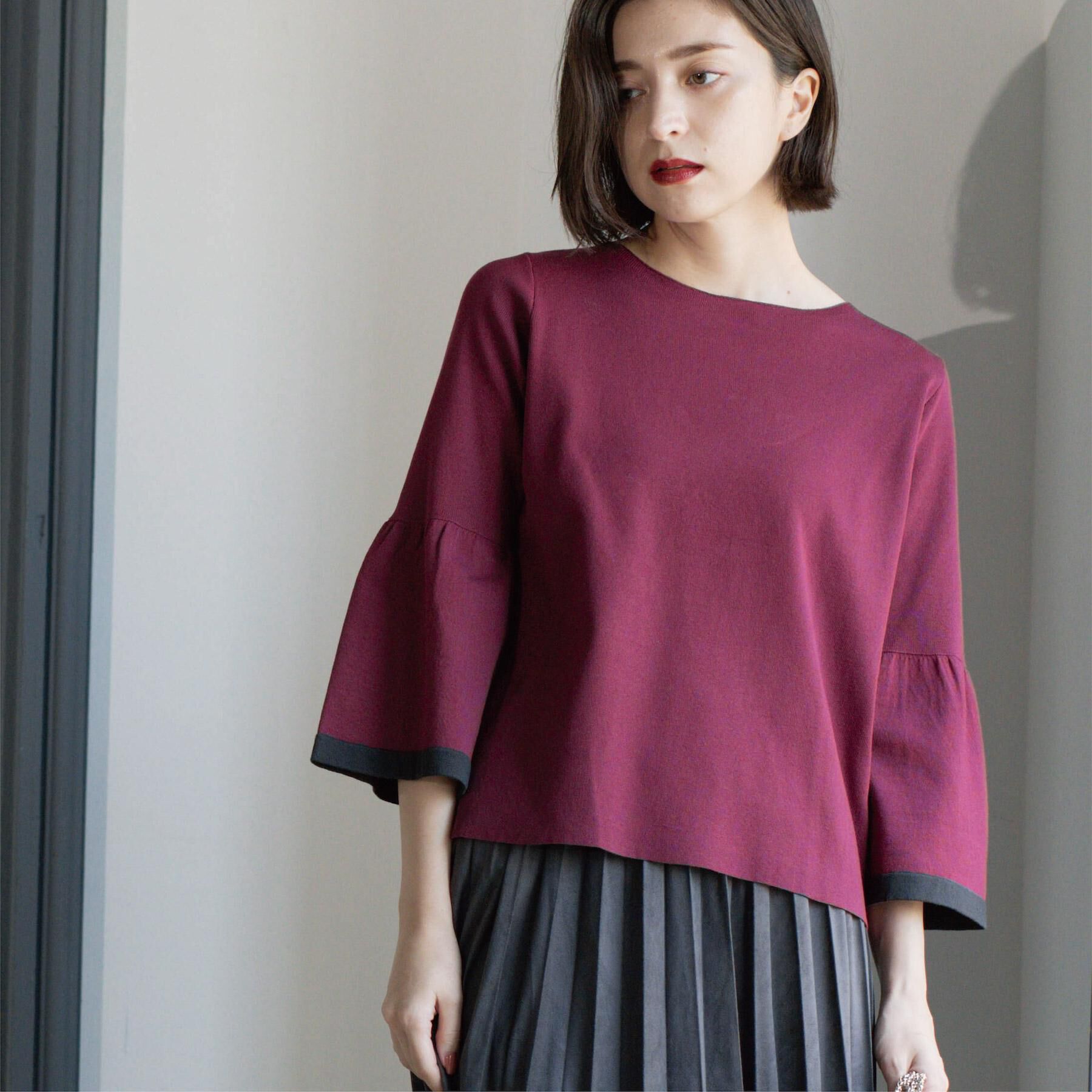 OPAQUE.CLIP「配色フレアスリーブニット【UVケア/洗濯機OK】」|ニット・セーター|ボルドー(564)
