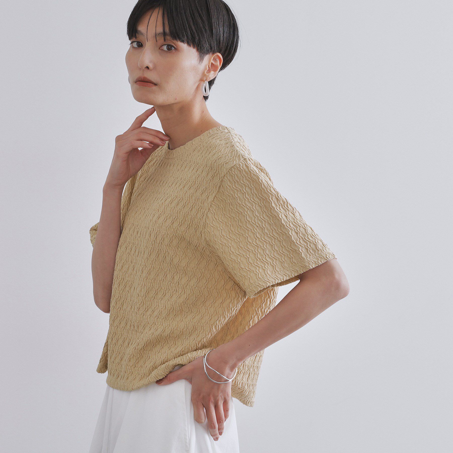 OPAQUE.CLIP「ふくれジャカードトップス【洗濯機洗い可】」|Tシャツ・カットソー|ベージュ(052)