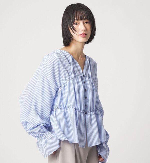 EMMEL REFINES「＜EMMEL REFINES＞EM ストライプ ギャザー ブラウス」|シャツ・ブラウス|LT.BLUE