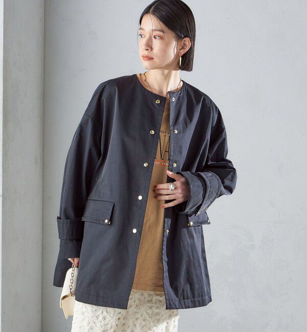 SHIPS for women「〈撥水加工/手洗い可能〉綿 ナイロン ギャバ ノーカラー ミディ コート 24SS ◇」|ノーカラーコート|