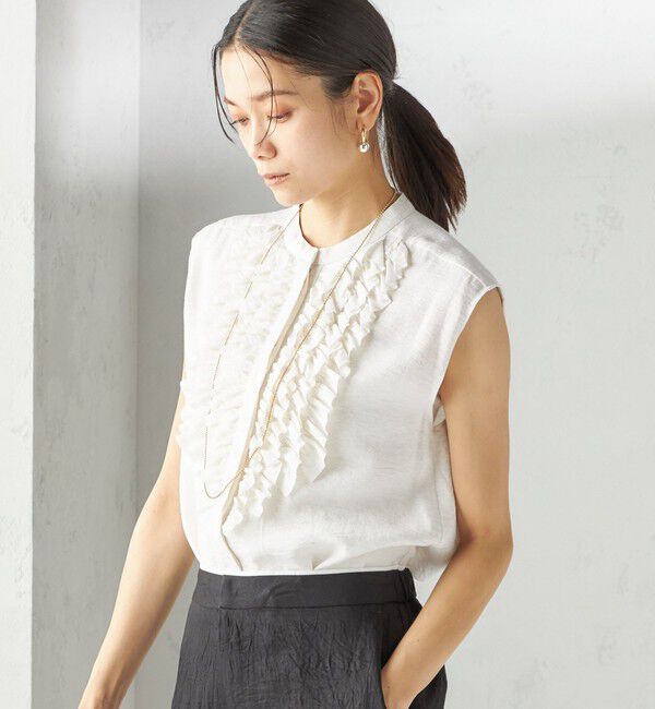 SHIPS for women「〈手洗い可能〉麻混 フロント フリル フレンチスリーブ ブラウス」|シャツ・ブラウス|オフホワイト